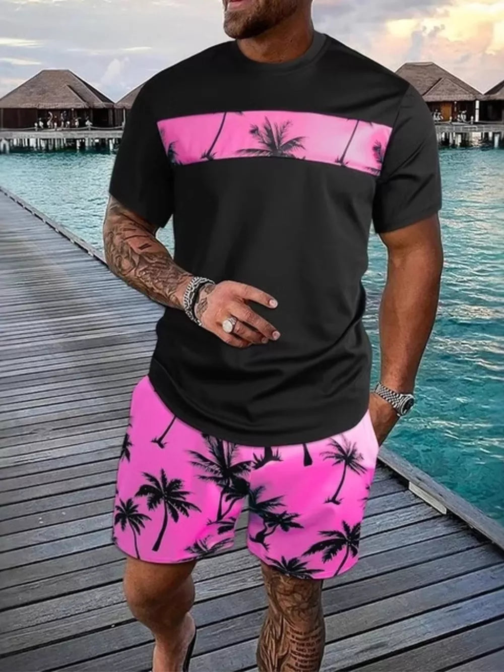 Hot Pink Men's Tropical Palm Tree Tee And Shorts Set