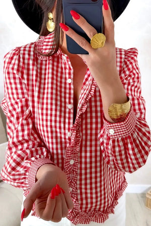 Plaid Long Sleeve Button Down Frill Shirt option 3