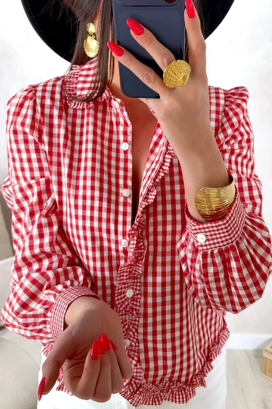 Plaid Long Sleeve Button Down Frill Shirt option 3