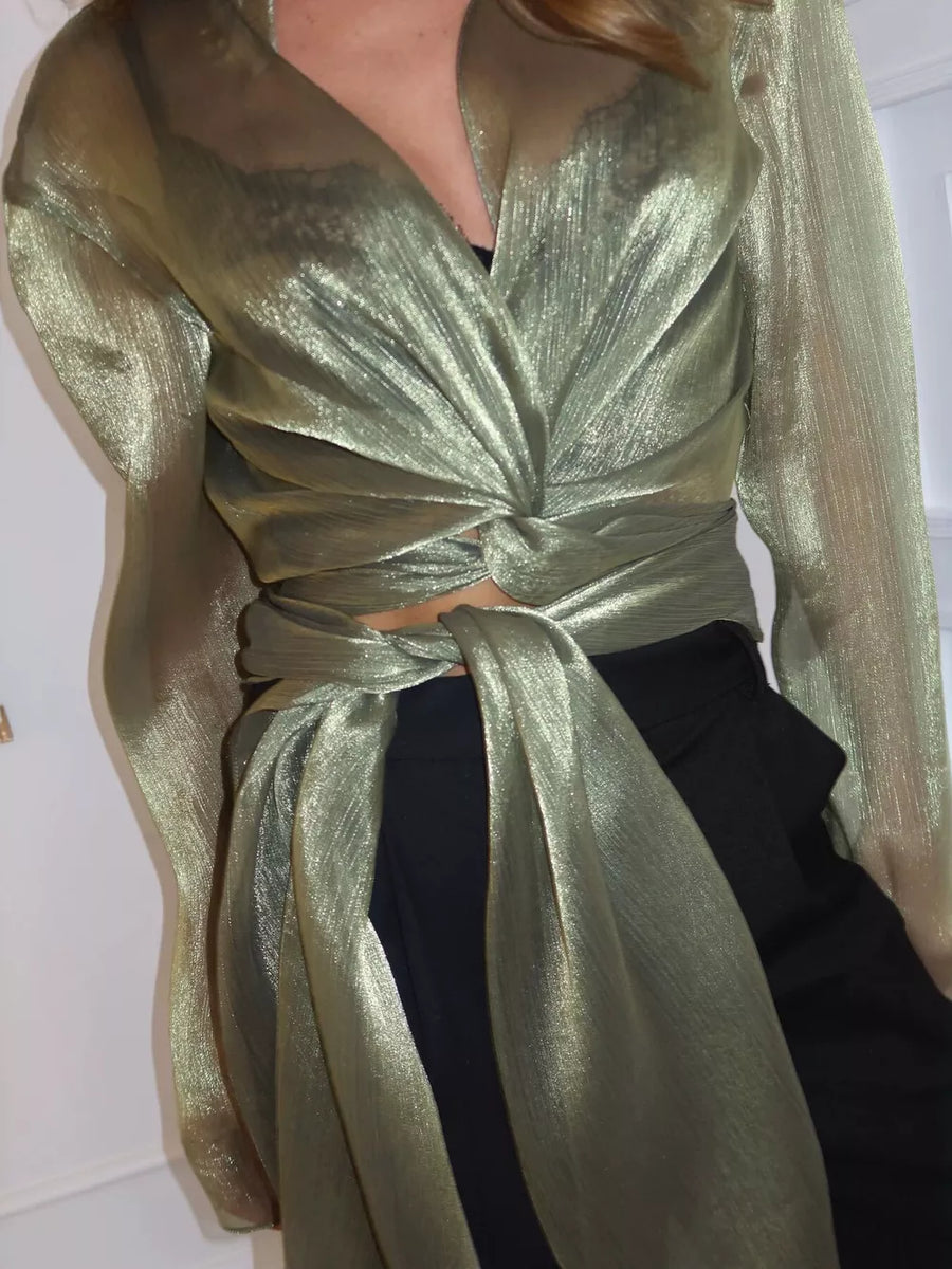 Green wrap top with cropped and tie