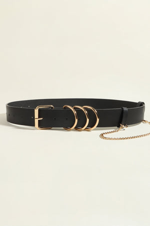 Black PU leather harness belt with gold buckle, triple ring detail, and chain accent.