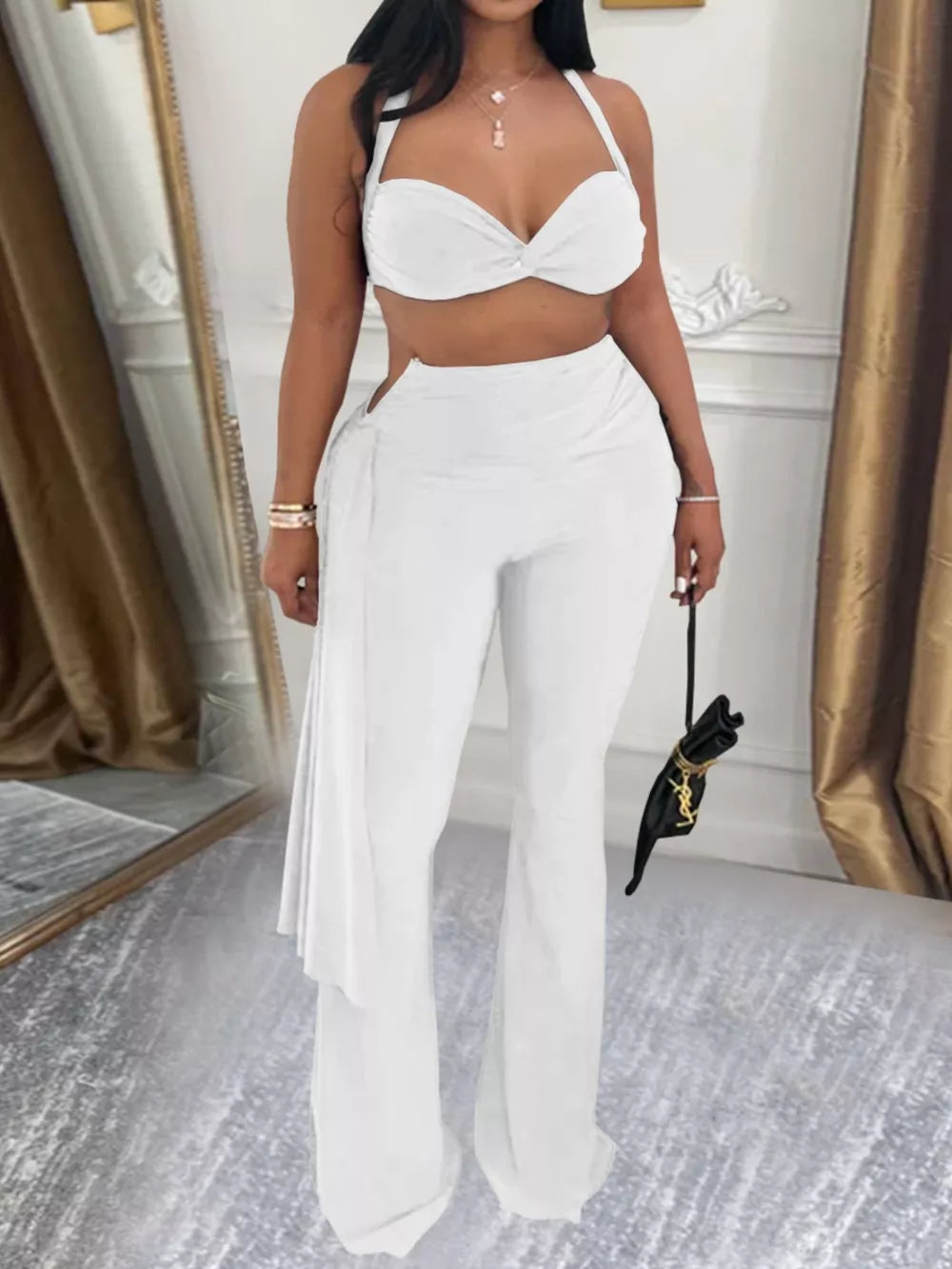 Deep Red Halter Neck Top And Flare Pants Set