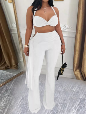 Deep Red Halter Neck Top And Flare Pants Set
