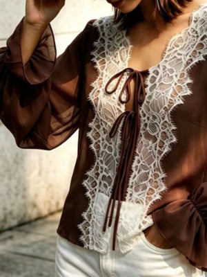 Sheer Lace-trimmed Front Tie Blouse in Brown
