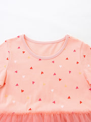 Baby girls' pink cotton dress with allover heart print and tulle hem.