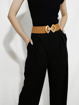 Ochre elasticated waist belt with geometric gold buckle
