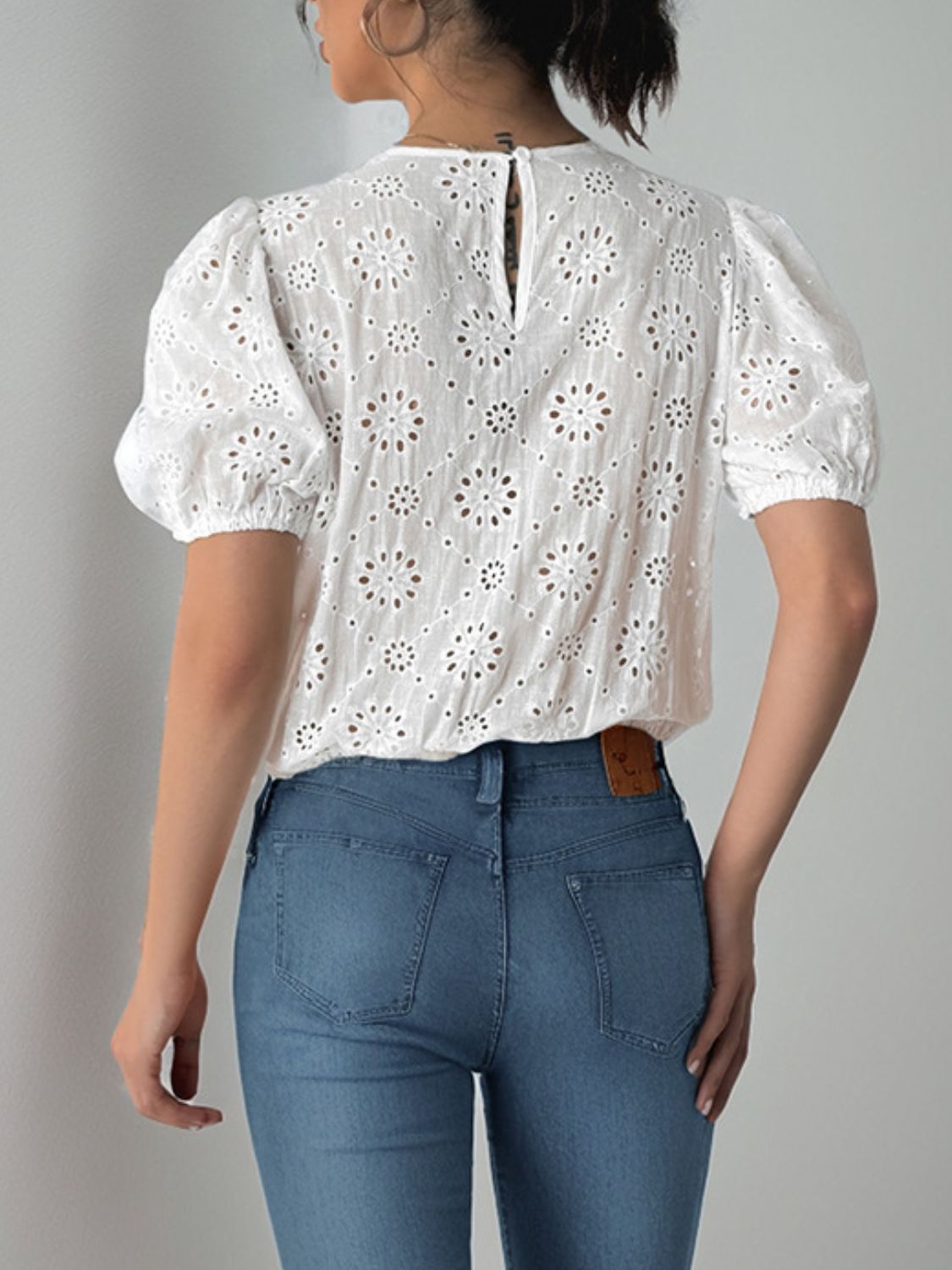 White Floral Eyelet Puff Sleeve Bodysuit