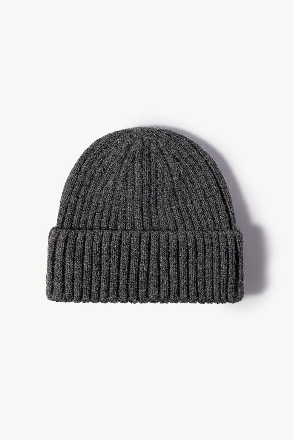 Chunky ribbed knit beanie in dark gray acrylic with a cuffed brim.