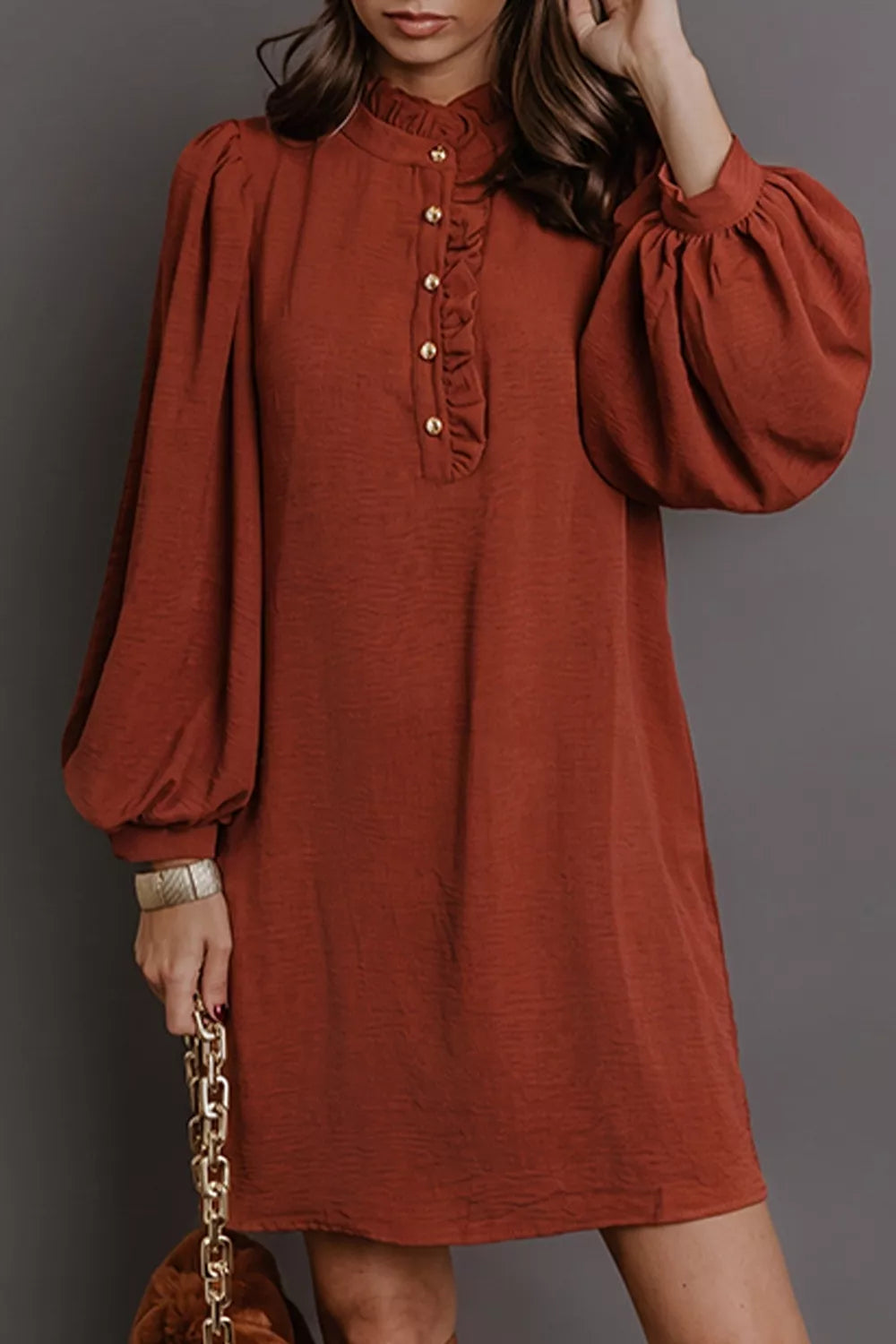 Burgundy Solid Shift Long Sleeve Short Dress