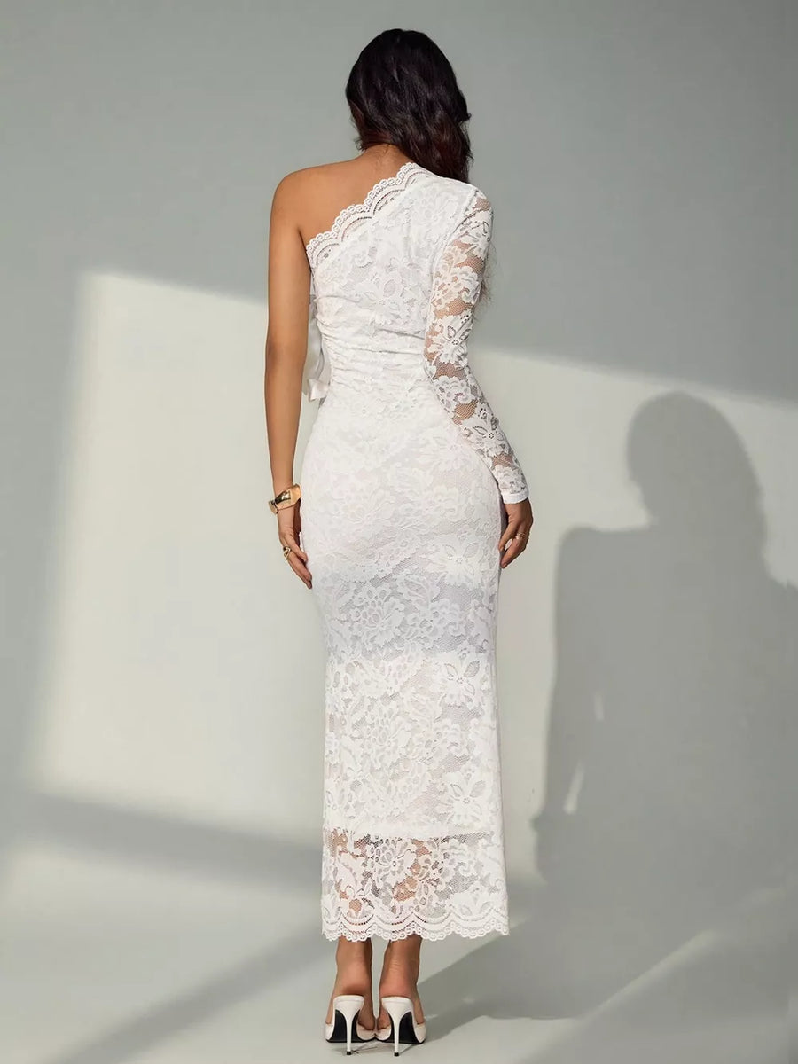 90% polyamide, 10% elastane Care instructions: Machine wash cold midi dress in white with fitted silhouette