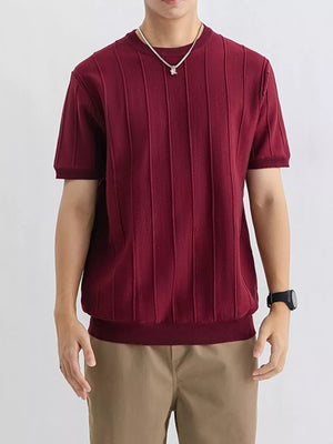 Textured short sleeve t-shirt in Wine Red with vertical ribbing and crew neck.
