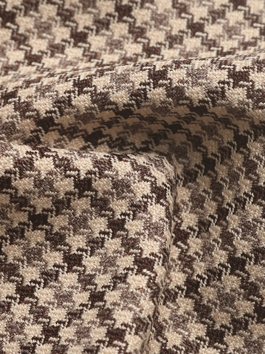 Houndstooth double-breasted blazer in camel with a textured weave.