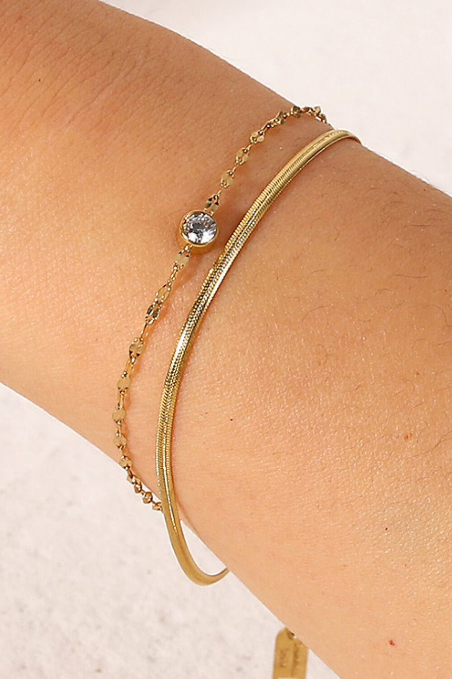 Gold double-strand bracelet with pavé charm and snake chain, 18k gold-plated