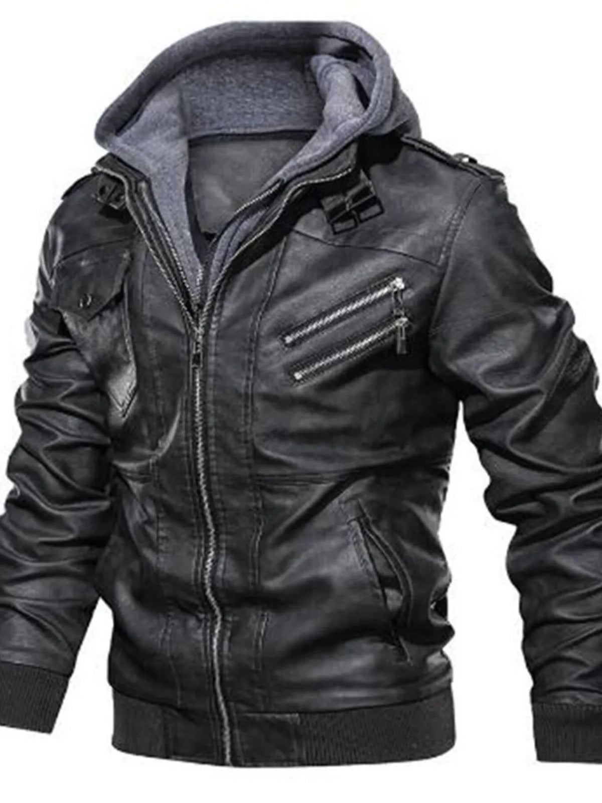 Black hooded leather jacket with zippered pockets and grey knit lining.