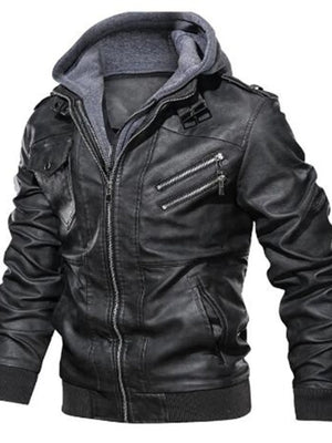 Black hooded leather jacket with zippered pockets and grey knit lining.