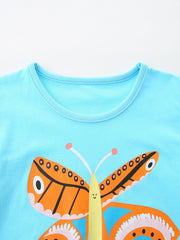 Light blue cotton t-shirt with a charming orange butterfly graphic and round neckline.