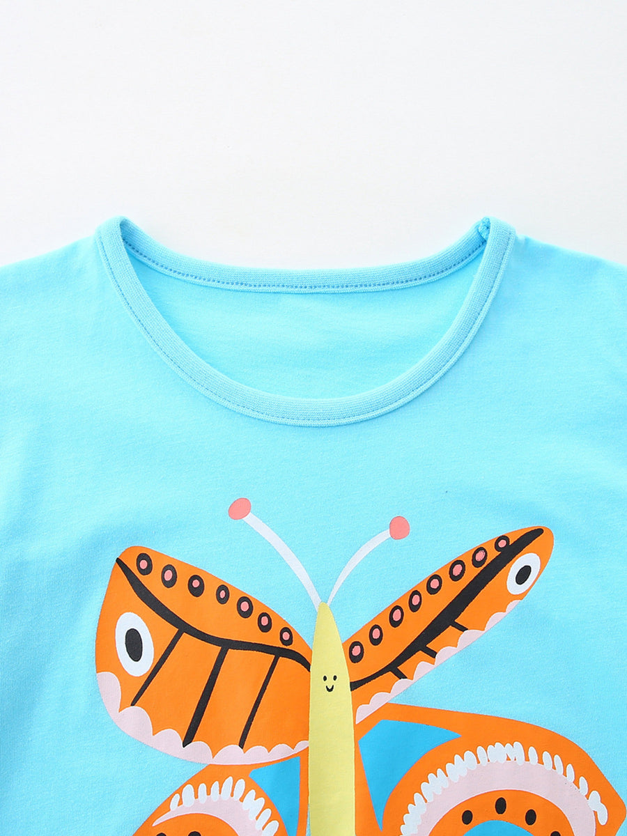 Light blue cotton t-shirt with a charming orange butterfly graphic and round neckline.