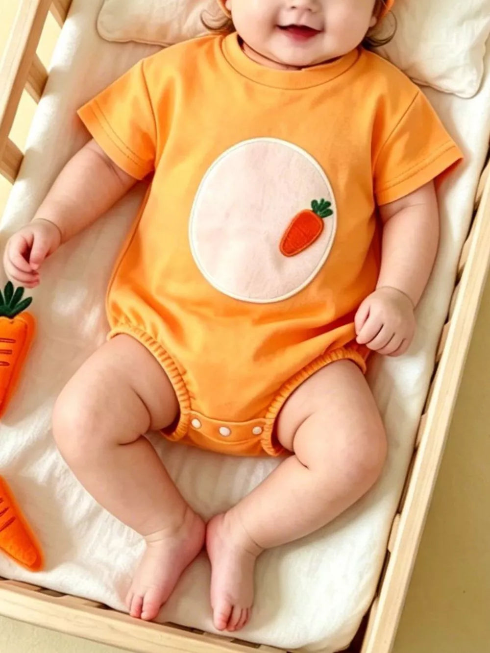 Orange Children's Carrot Embroidered Round Neck One-piece & Hat Set