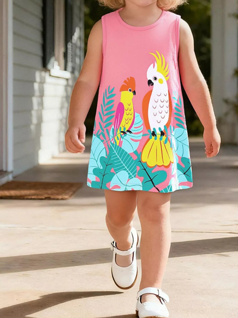 Toddler girls pink sleeveless dress with tropical parrot print, cotton, round neck.