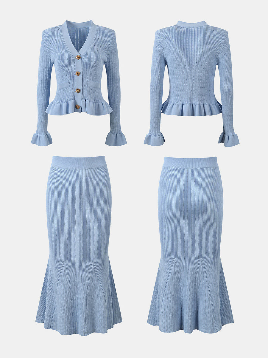 Light blue knit cardigan with ruffled hem and matching mermaid skirt.