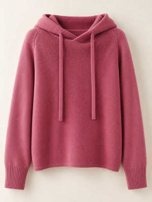 Drawstring Long Sleeve Hooded Knit Sweater in Beige with drawstring