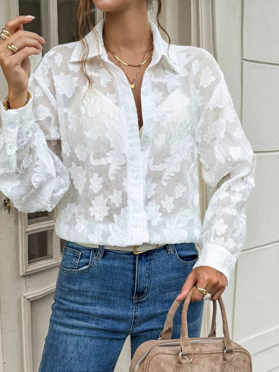 Sheer Floral Button Up Shirt in White