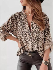 tan blouse with leopard-print and v-neck