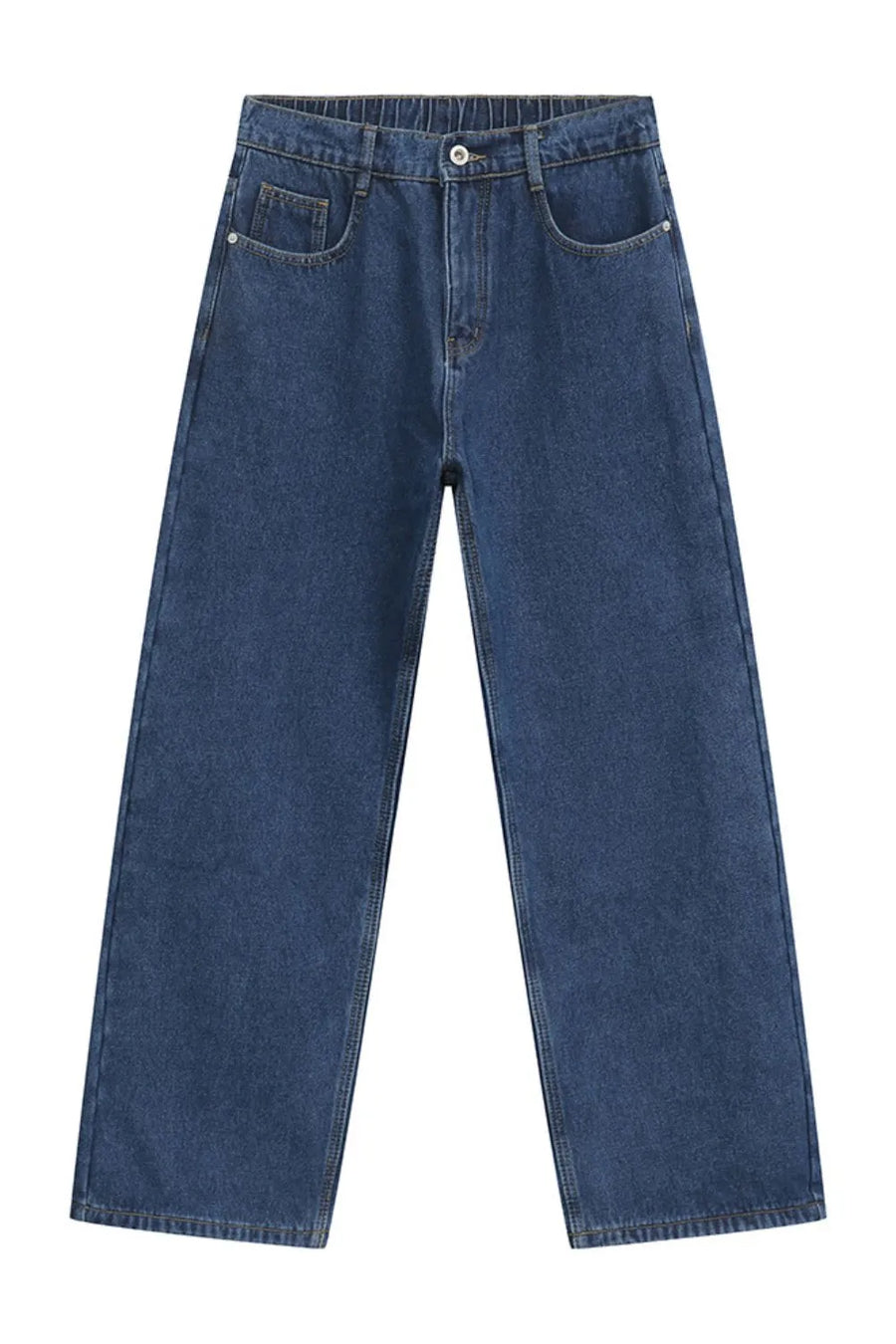 Light blue denim jeans with a relaxed, wide-leg fit and elastic waistband.