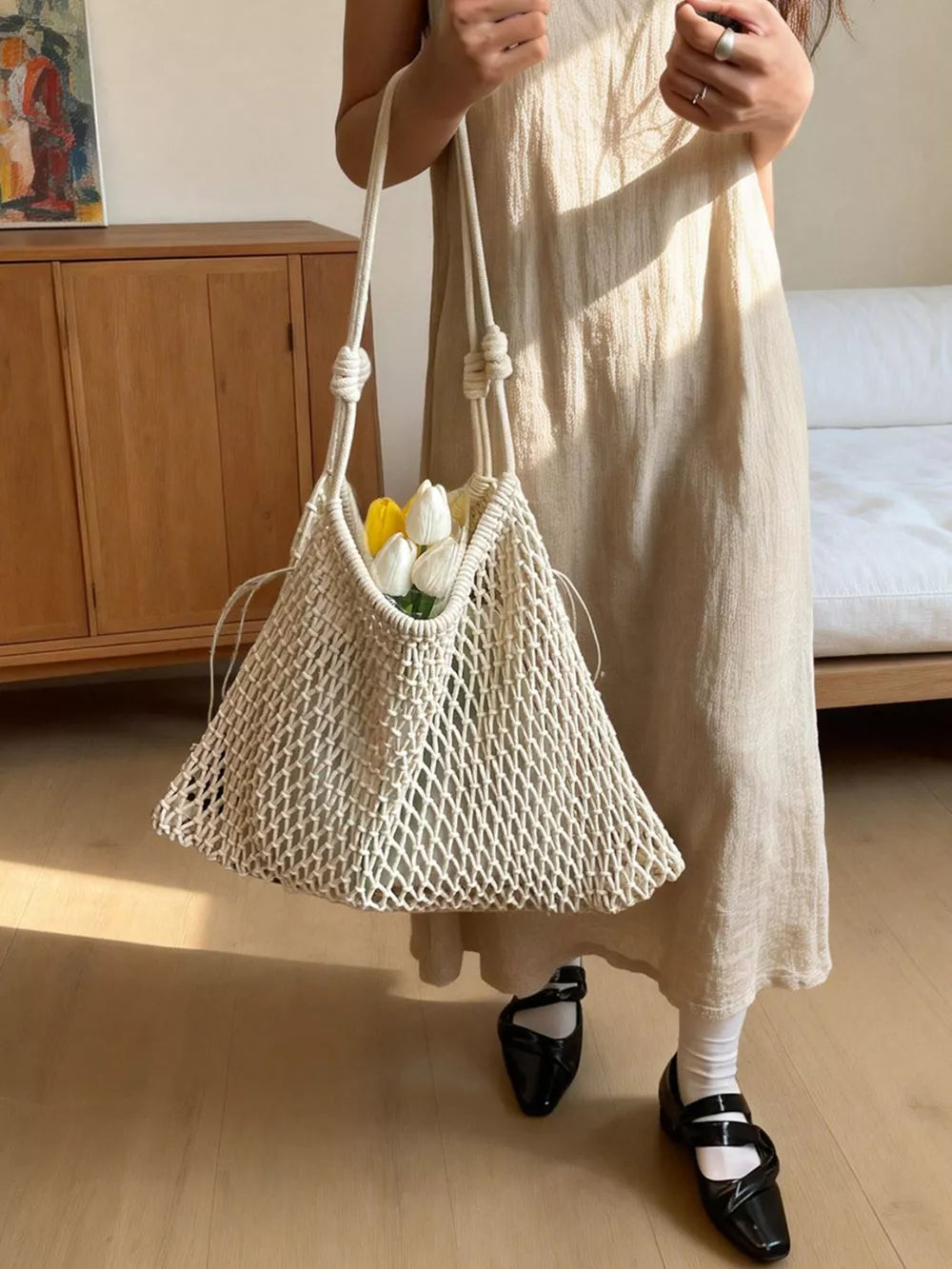 White Woven Net Shoulder Bag