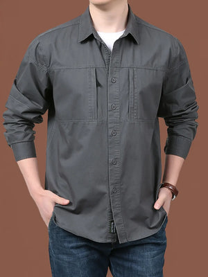 Men's grey relaxed fit long sleeve button-front shirt with chest pockets