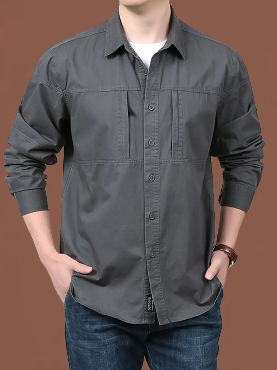 Men's grey relaxed fit long sleeve button-front shirt with chest pockets