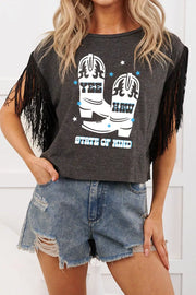 Fringe graphic tee with cowboy boots and text, black cotton, short sleeve, casual women's top