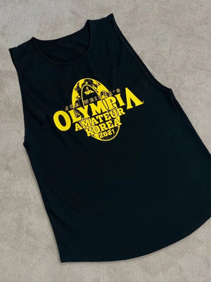 Black graphic muscle tank with yellow Olympia Amateur Korea 2021 print