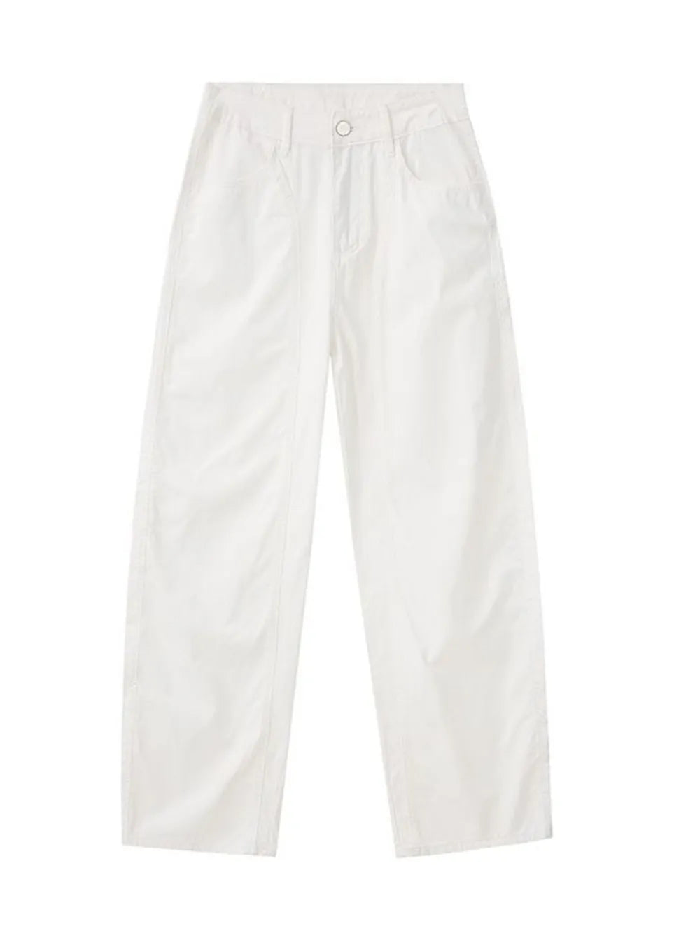 White wide-legged sweatpants with a relaxed fit and button-fly closure.
