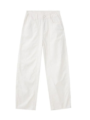 White wide-legged sweatpants with a relaxed fit and button-fly closure.