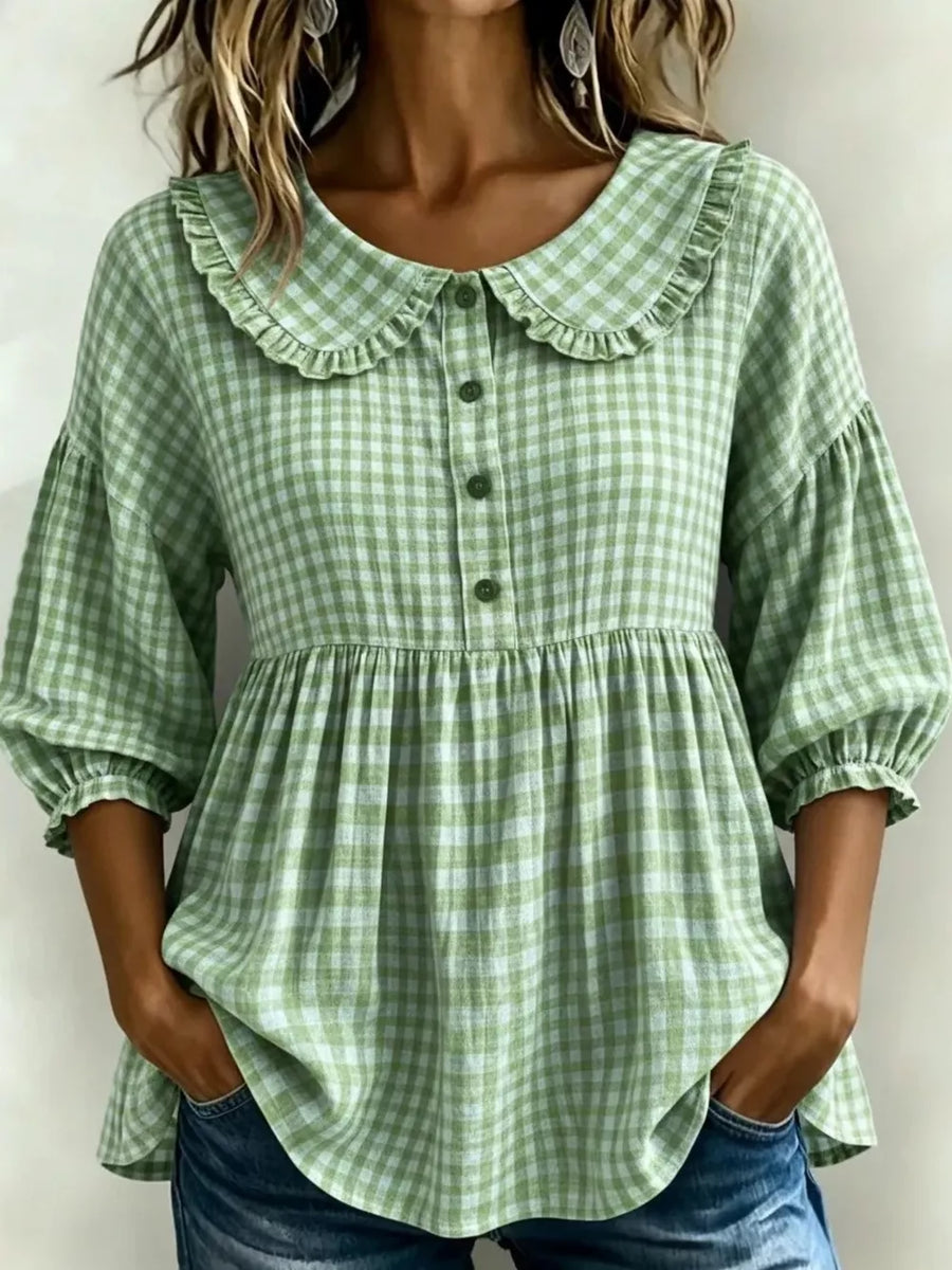 Apricot Full Size Gingham Peter Pan Collar Blouse Plus Size