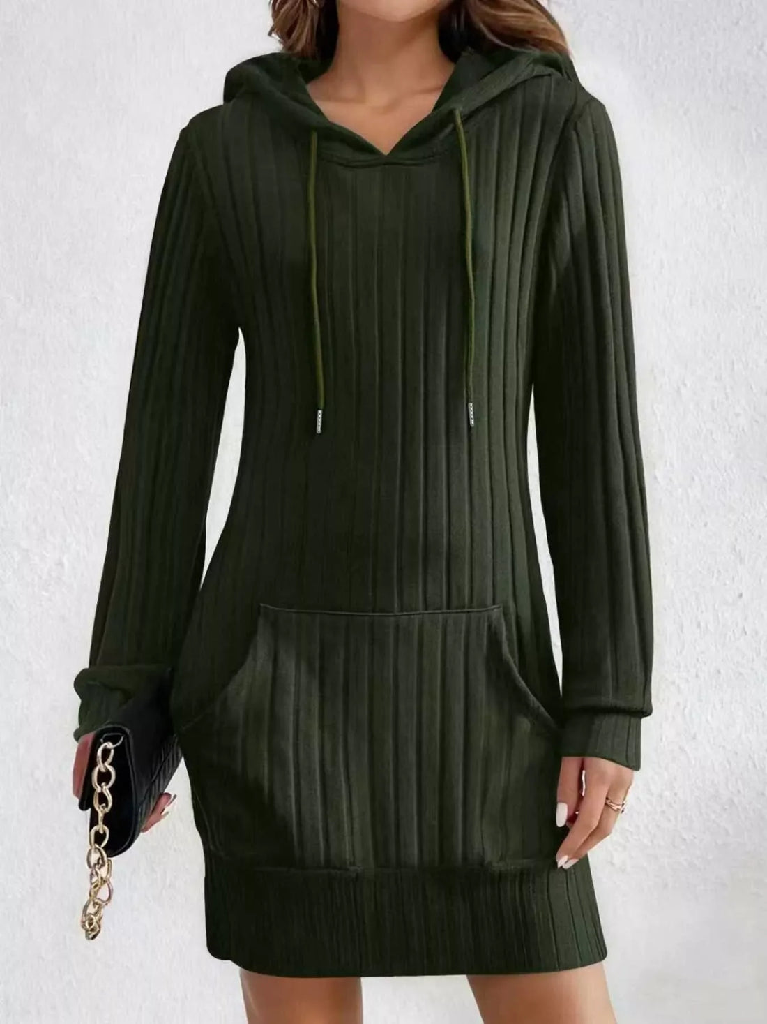 Women's ribbed knit hoodie dress in army green with drawstring and front pocket.