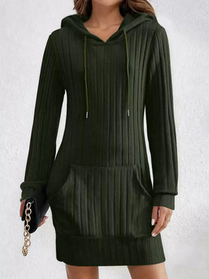 Women's ribbed knit hoodie dress in army green with drawstring and front pocket.
