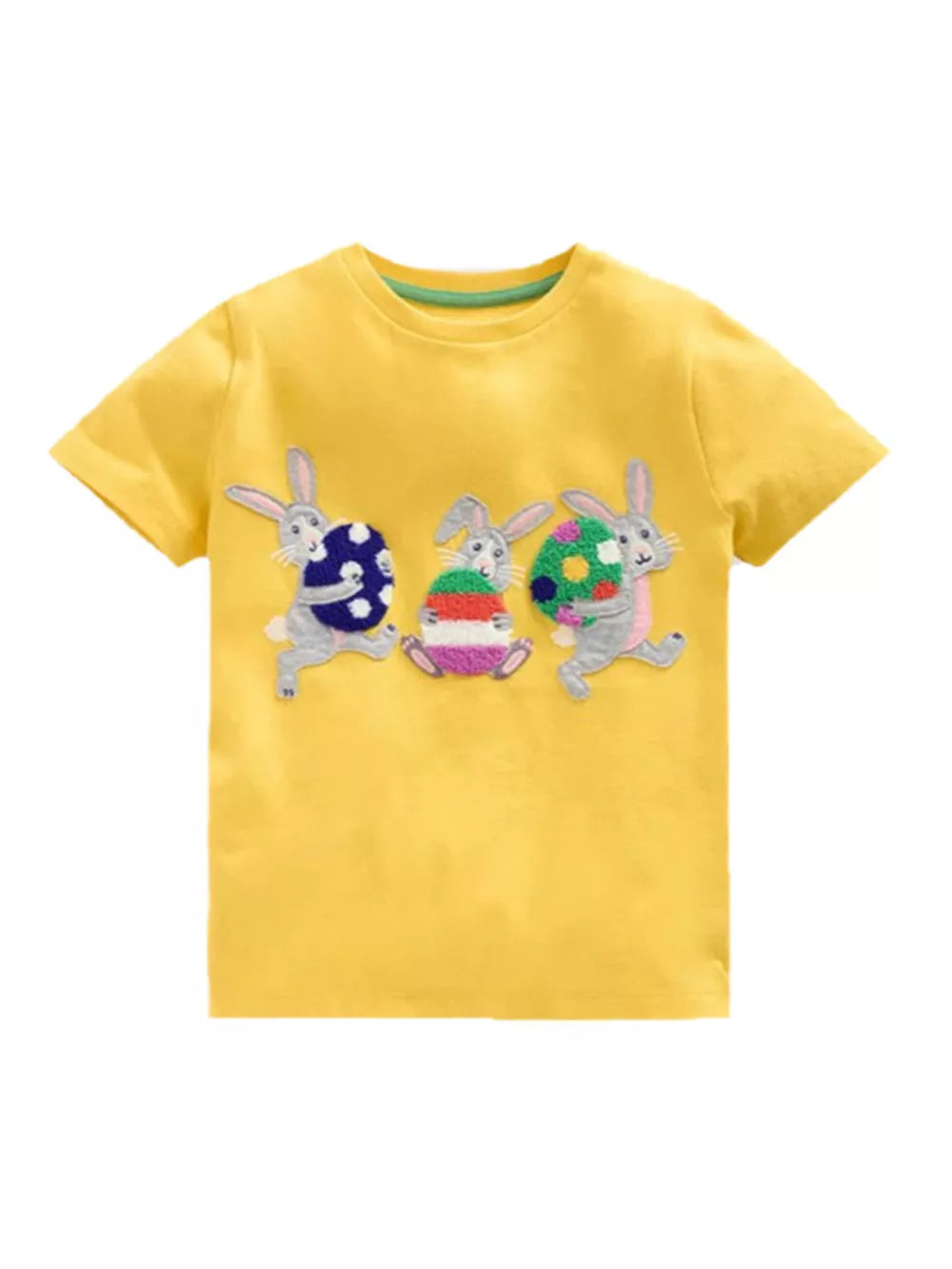 Yellow cotton blend t-shirt with embroidered bunnies and Easter eggs.