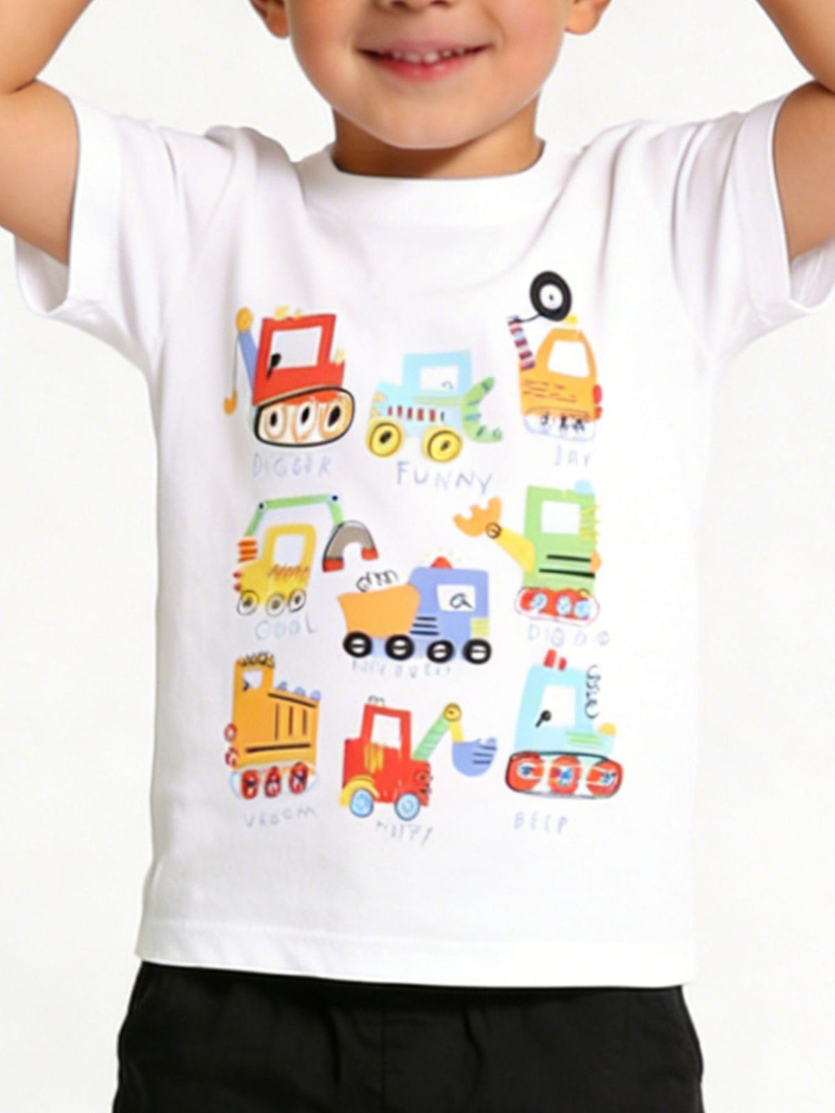 White cotton toddler tee with colorful cartoon construction vehicles and text.