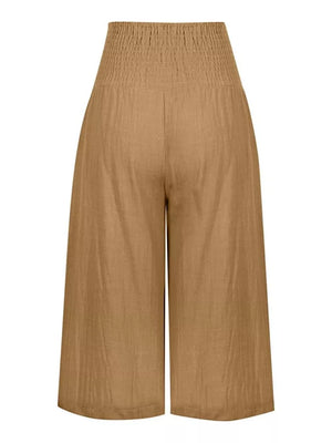 Brown wide-leg cropped pants with smocked high waist