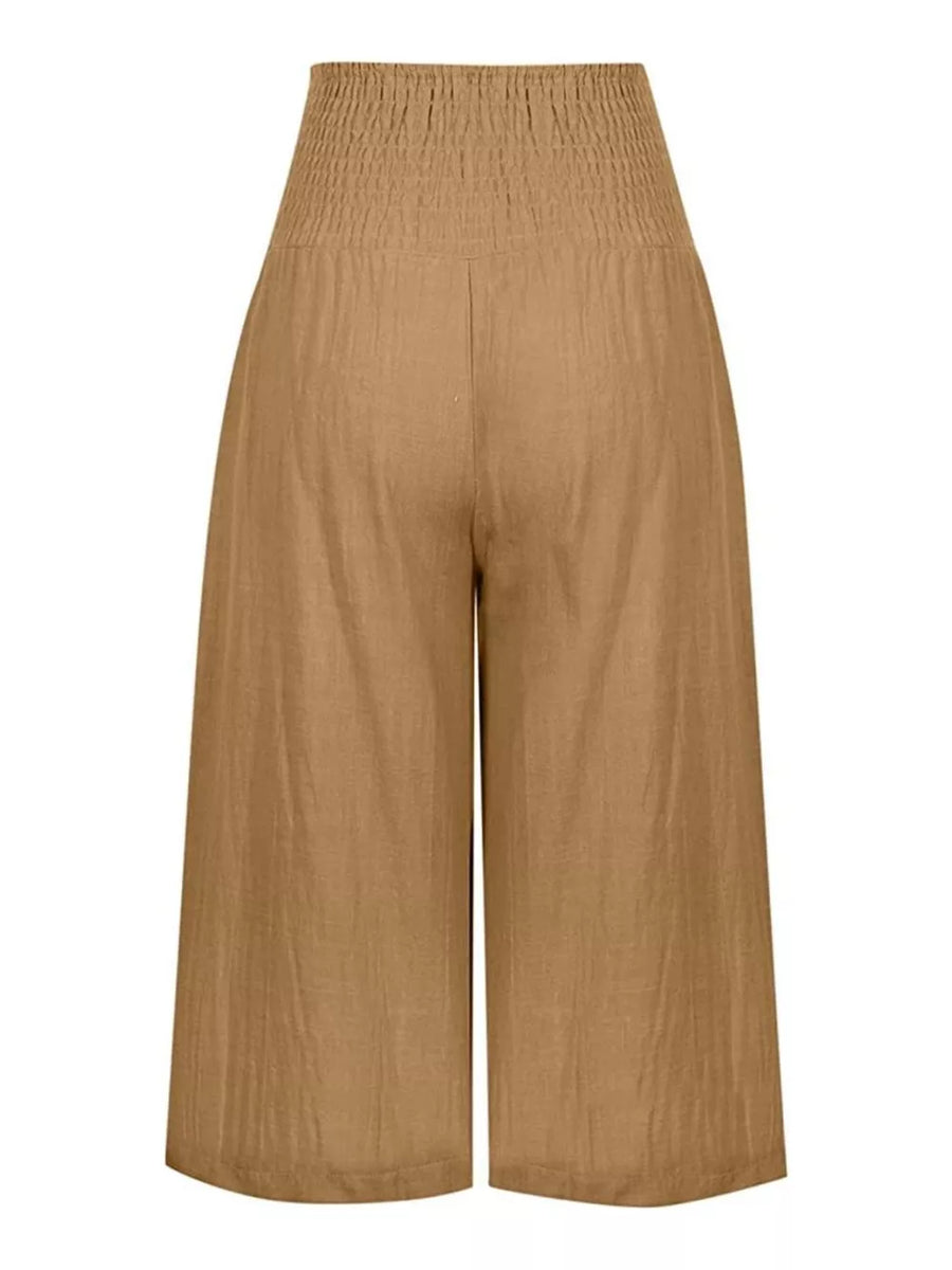 Brown wide-leg cropped pants with smocked high waist
