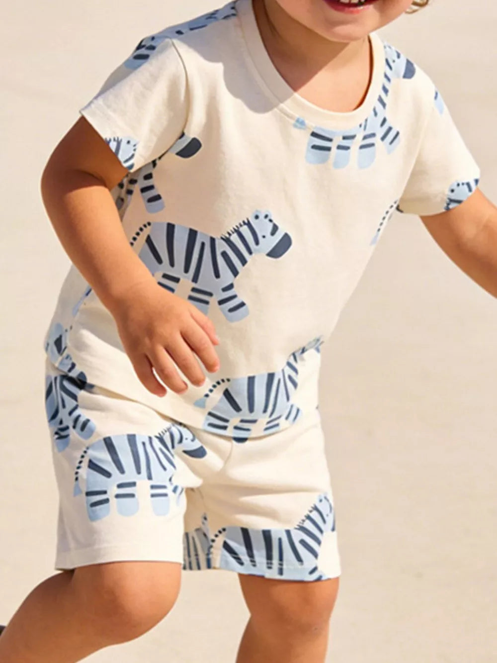 Toddler boys' cotton tee and shorts set with blue zebra print on cream.