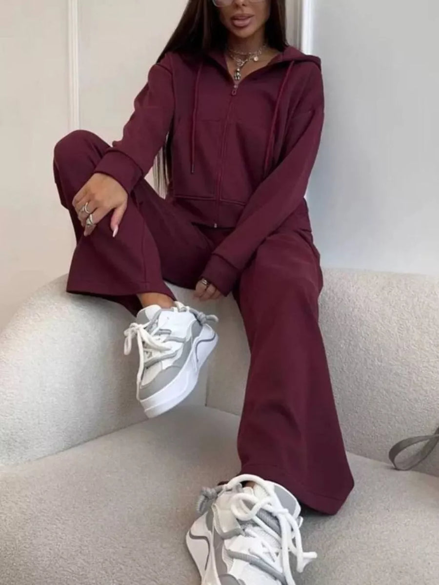 Zip-up Hoodie And Wide-leg Pants Set in light beige with drawstring