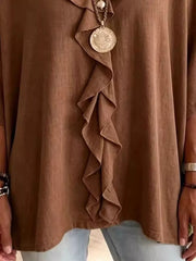 Full Size Ruffled V-neck 3/4 Sleeve Blouse in Brown