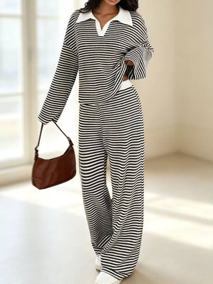 Striped Long Sleeve Polo And Wide-leg Pants Set in Brown
