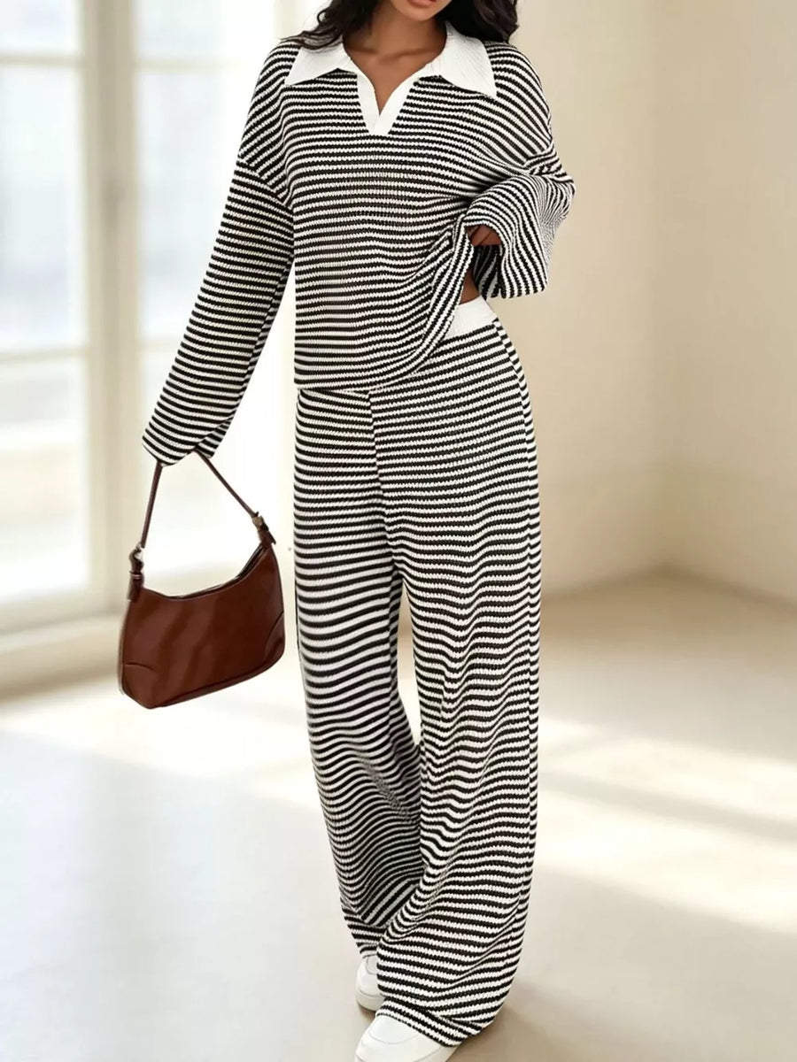 Striped Long Sleeve Polo And Wide-leg Pants Set in Brown