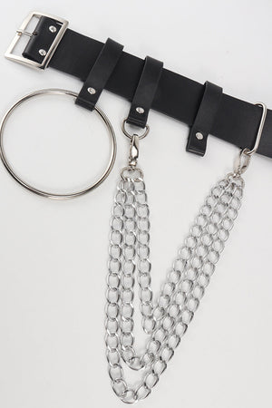 Black leather belt with silver ring and chain details