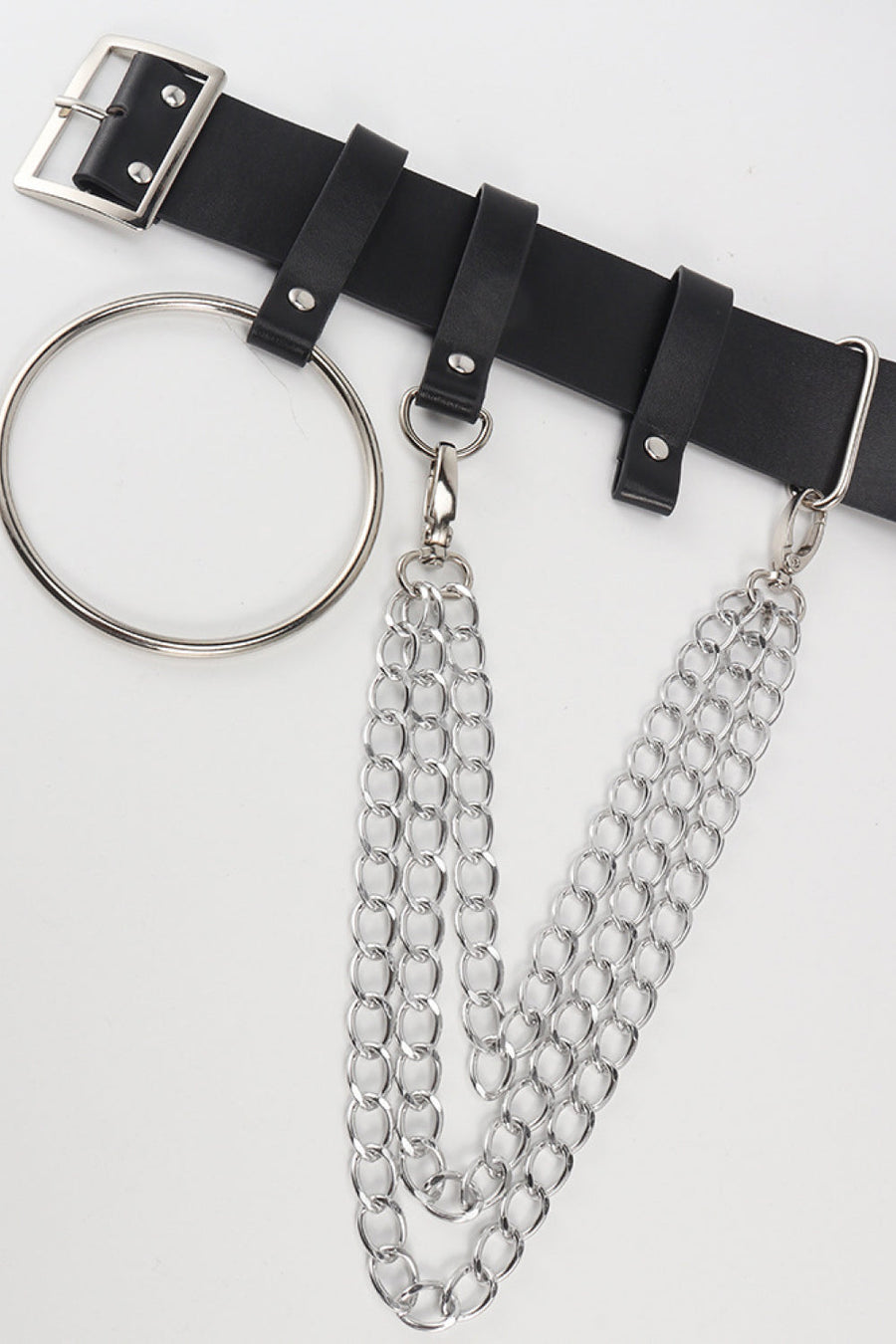 Black leather belt with silver ring and chain details