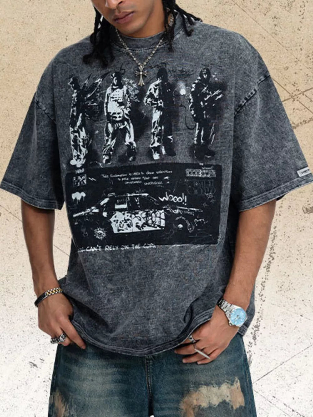 Dark gray distressed cotton crew neck t-shirt with vintage graphic print.